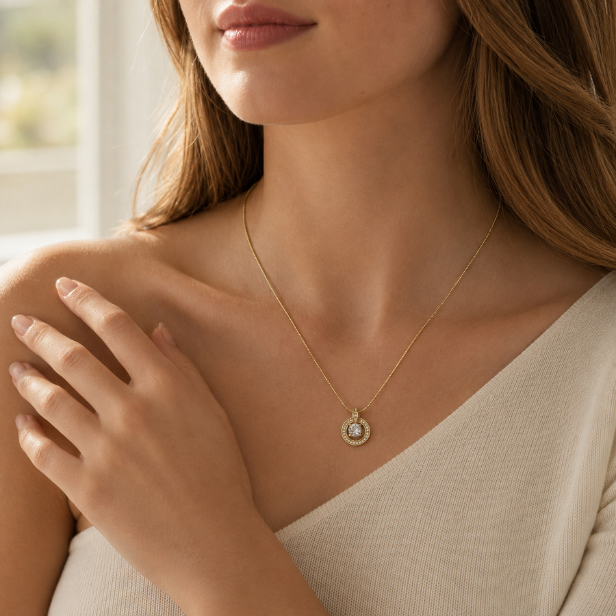 Round Halo Crystal Pendant Necklace