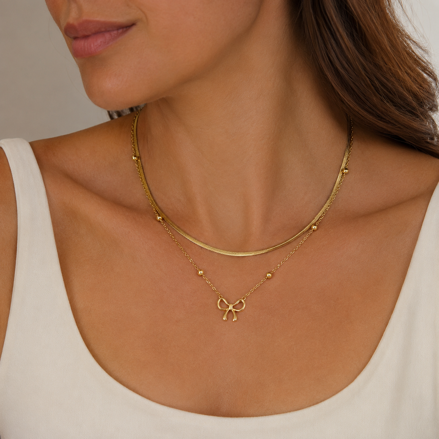 Gold Bow Pendant Layered Necklace