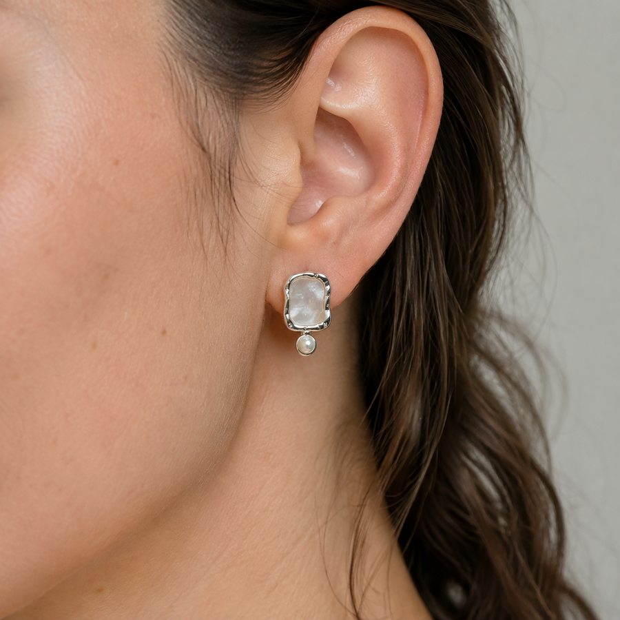 Pearlescent Cabochon Drop Stud Earrings