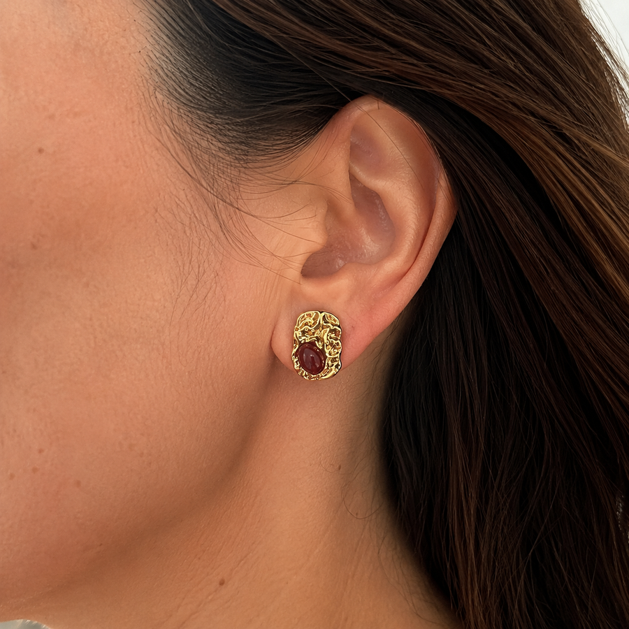 Red Cabochon Textured Stud Earrings