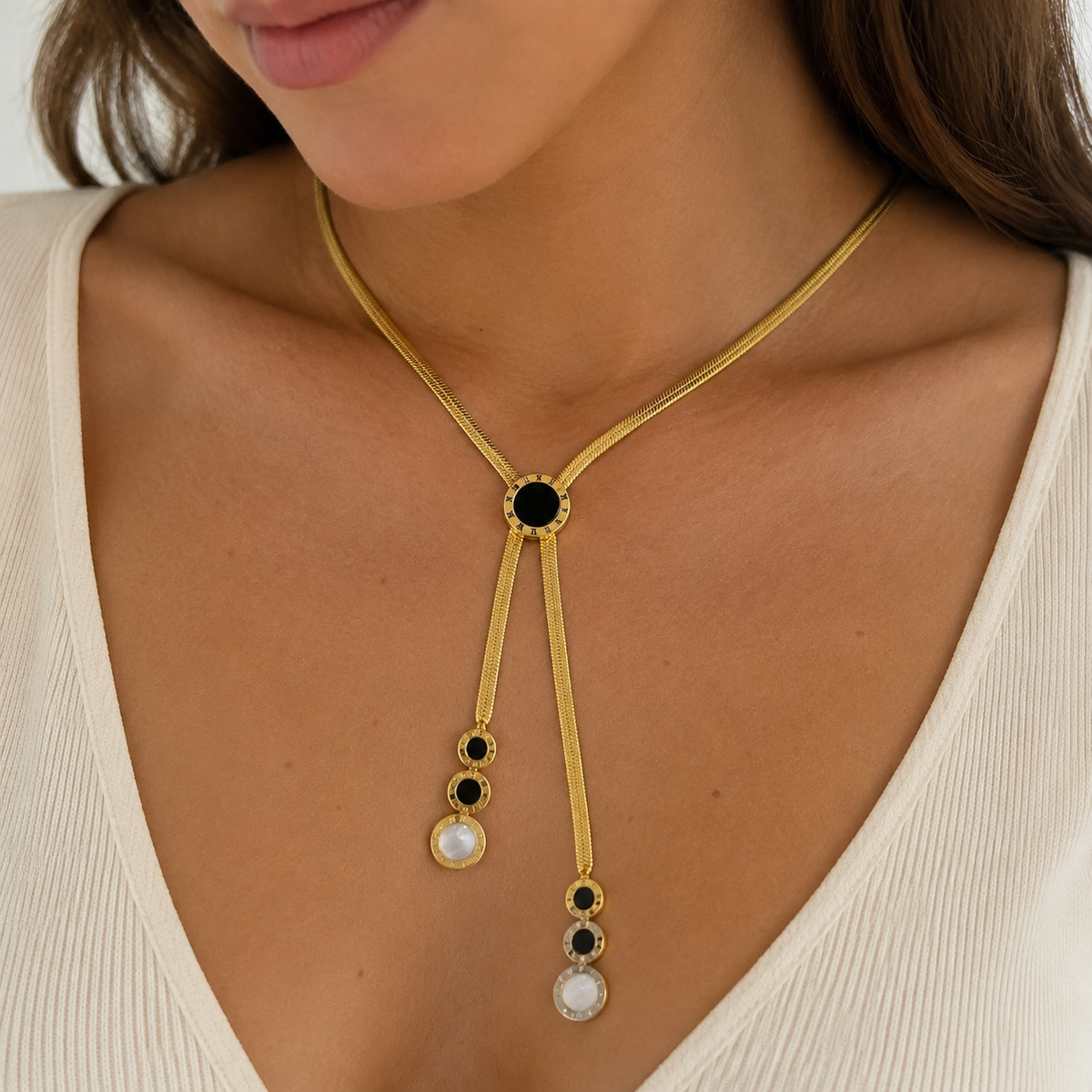 Black and White Medallion Lariat Necklace
