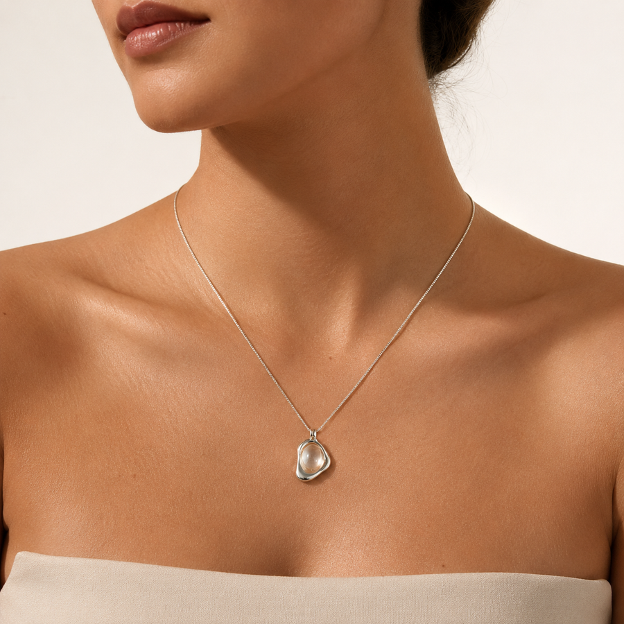 Milky Cabochon Pebble Pendant Necklace