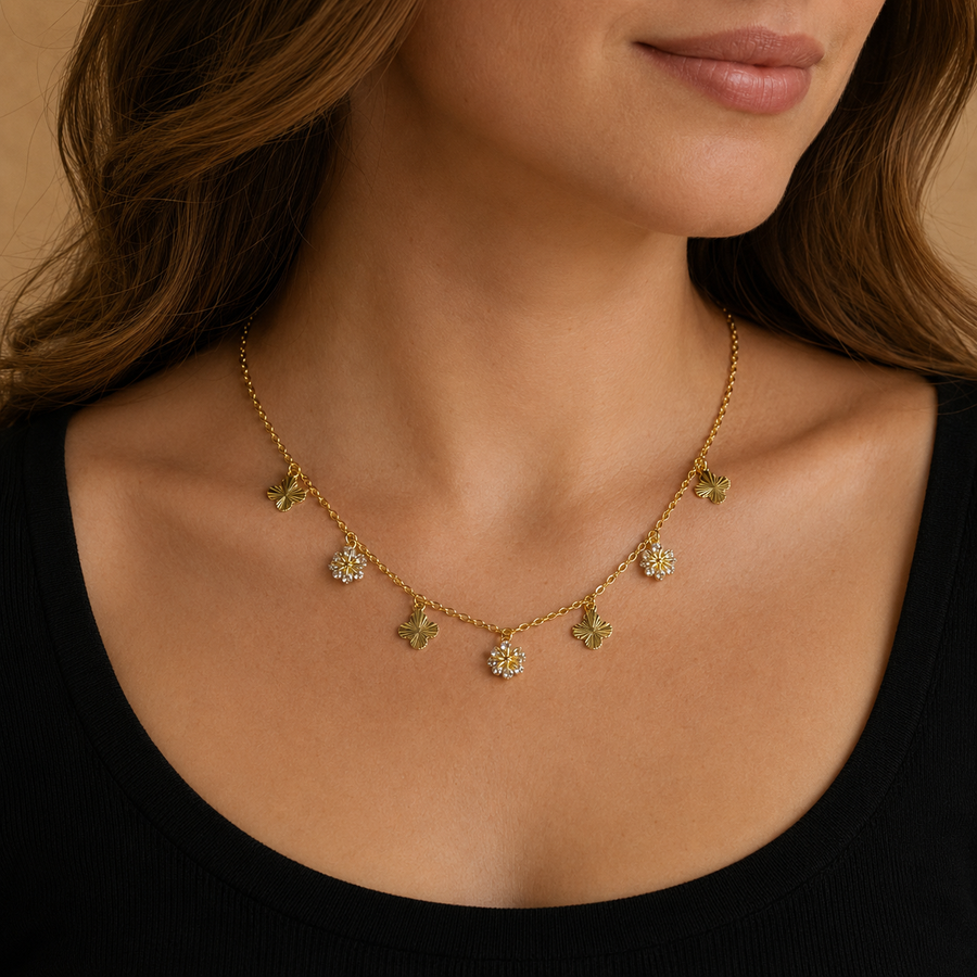 Crystal Clover Flower Charm Necklace