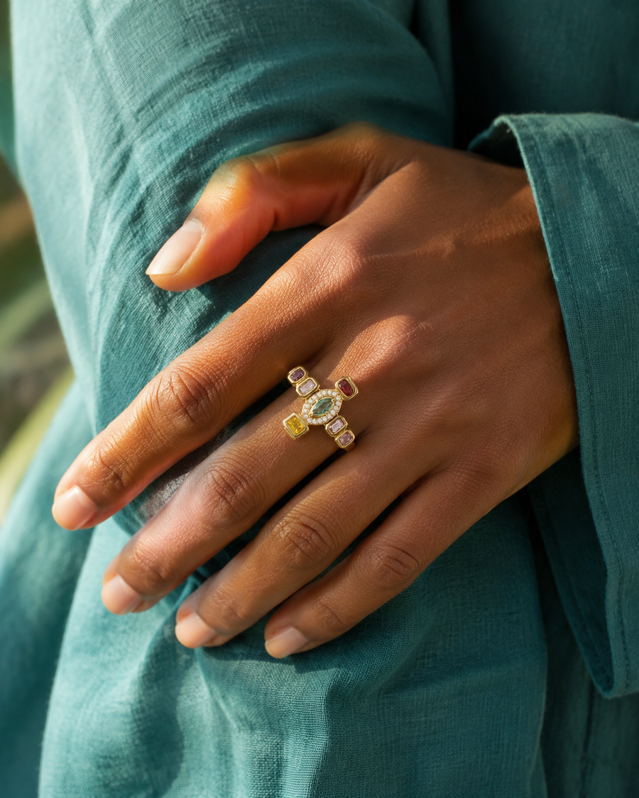 Multicolor Crystal Evil Eye Open Ring