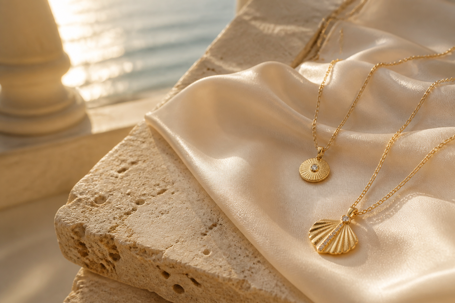 Layered gold jewelry styled on ivory silk by the coast